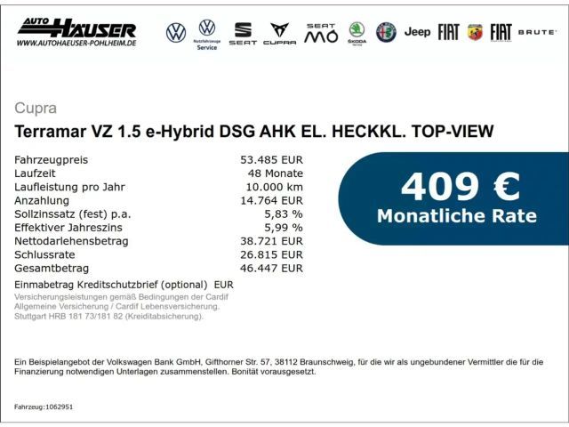 Cupra Terramar VZ 1.5 e-Hybrid DSG AHK EL. HECKKL. TOP-VIEW SENNH 2026 Hybride / Benzine