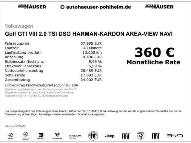 Volkswagen Golf GTI VIII 2.0 TSI DSG HARMAN-KARDON AREA-VIEW NAVI PARK 2026 Benzine