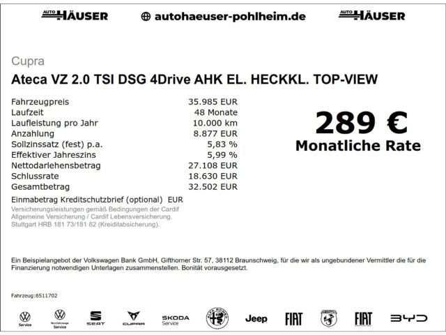 Cupra Ateca VZ 2.0 TSI DSG 4Drive AHK EL. HECKKL. TOP-VIEW 2025 Benzine